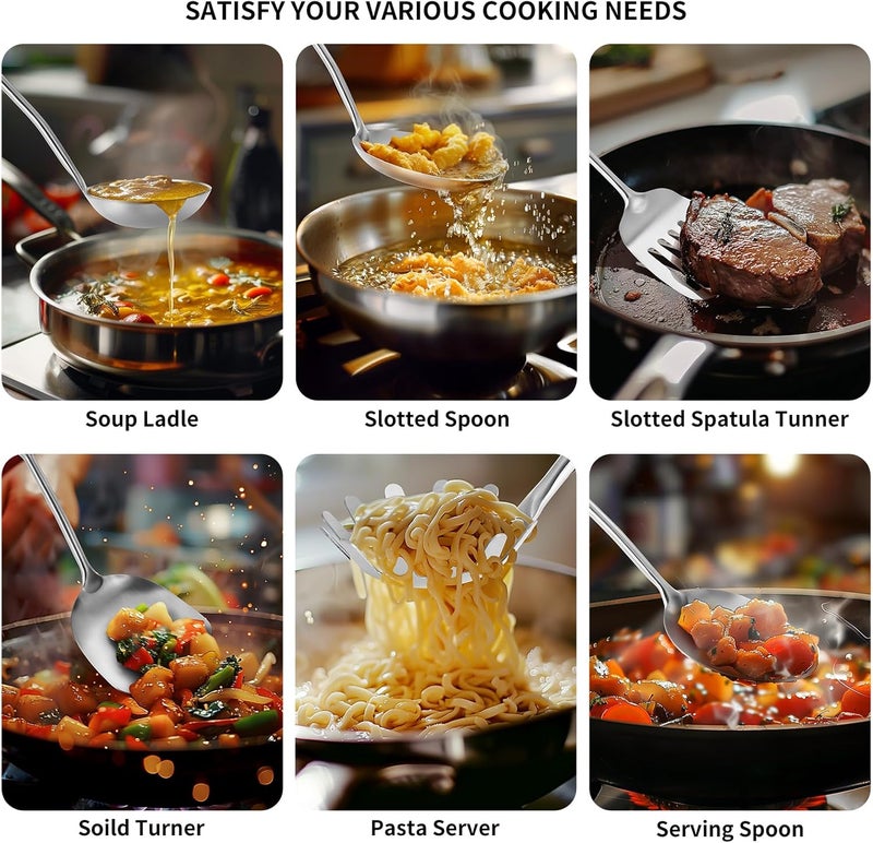 Lazycorner 304 Stainless Steel Cooking Utensils,6 Pcs Kitchen Cooking Utensils Set with Spatula, Solid Spoon, Ladle, Skimmer, Spaghetti Spoon,Dishwasher Safe - Image 4